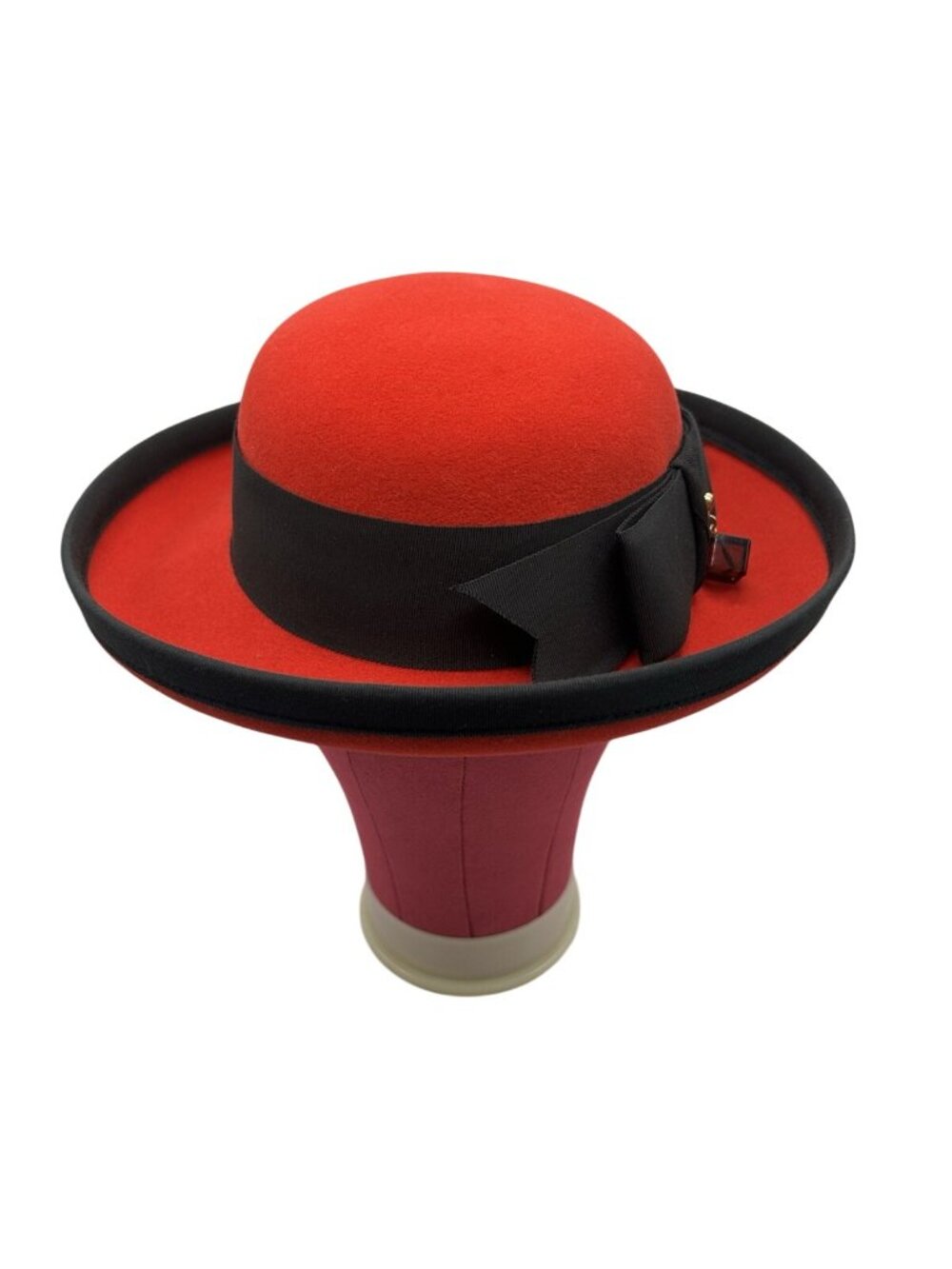 Vintage Adolfo II Red Wool Felt Hat Black Bow Heart Charm USA Excello Chic Style - Picture 6 of 16